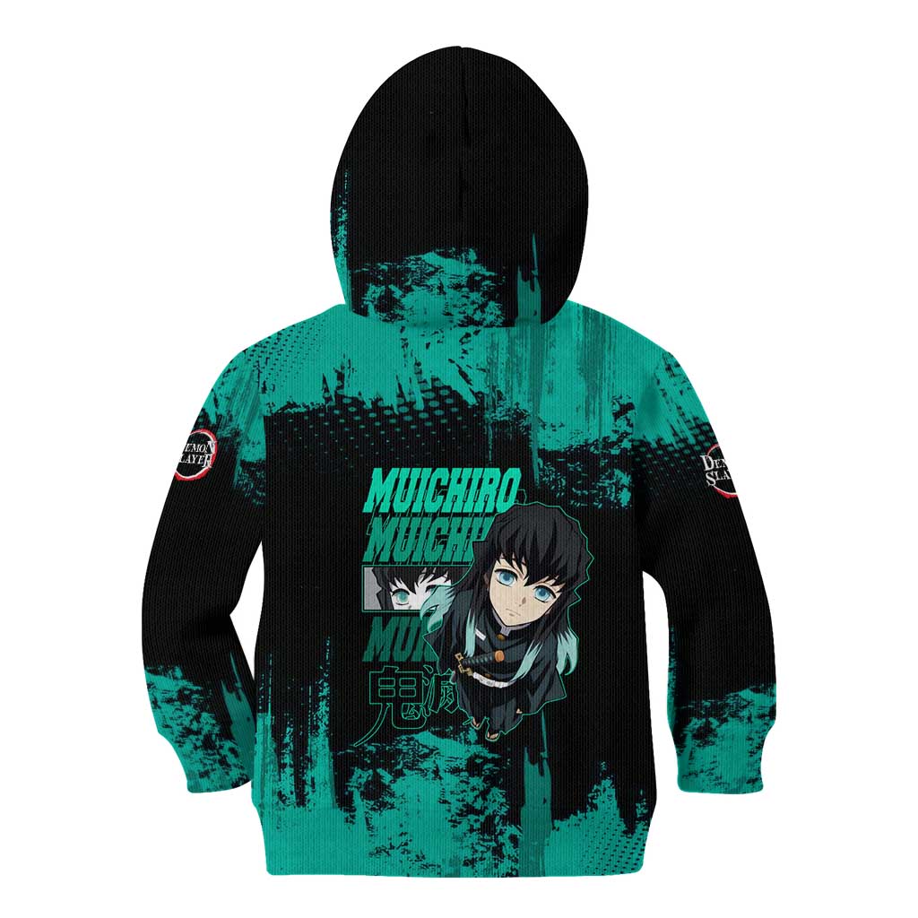 Muichiro Tokito Demon Slayer Green and Black Grunge Style Kid Hoodie with Mist Hashira Eyes and Bold Typography - The Mazicc