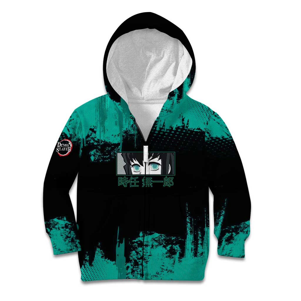 Muichiro Tokito Demon Slayer Green and Black Grunge Style Kid Hoodie with Mist Hashira Eyes and Bold Typography - The Mazicc