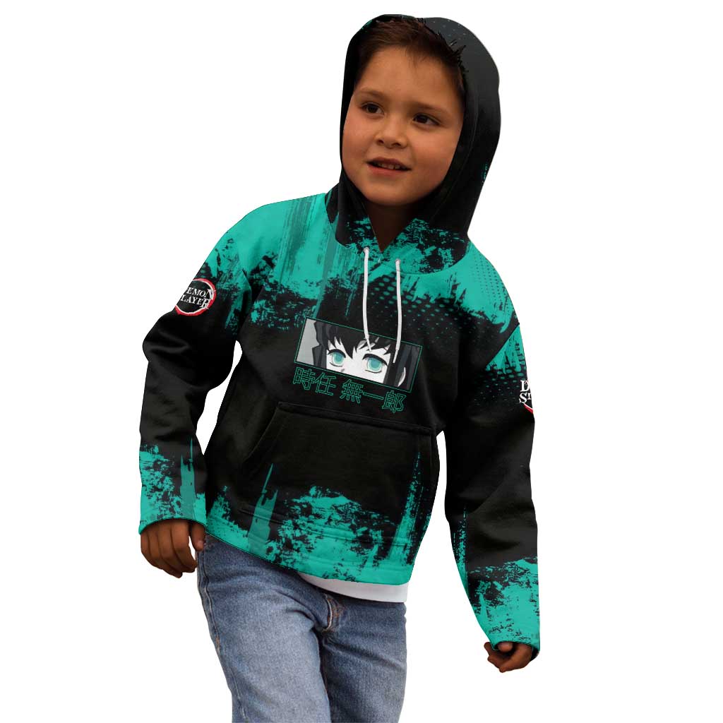 Muichiro Tokito Demon Slayer Green and Black Grunge Style Kid Hoodie with Mist Hashira Eyes and Bold Typography - The Mazicc