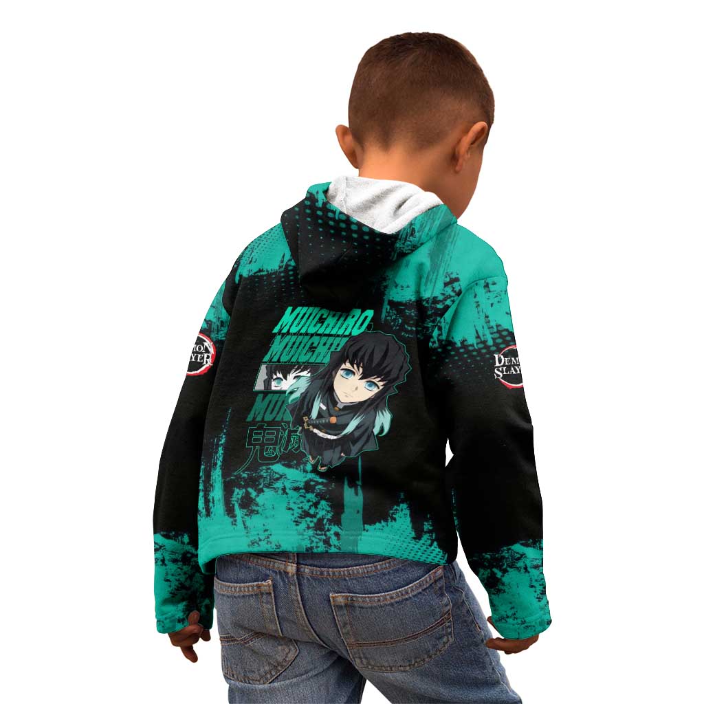 Muichiro Tokito Demon Slayer Green and Black Grunge Style Kid Hoodie with Mist Hashira Eyes and Bold Typography - The Mazicc