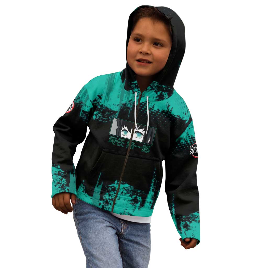 Muichiro Tokito Demon Slayer Green and Black Grunge Style Kid Hoodie with Mist Hashira Eyes and Bold Typography - The Mazicc