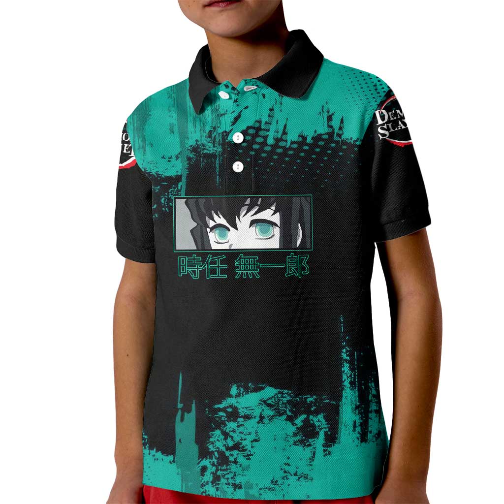 Muichiro Tokito Demon Slayer Green and Black Grunge Style Kid Polo Shirt with Mist Hashira Eyes and Bold Typography - The Mazicc