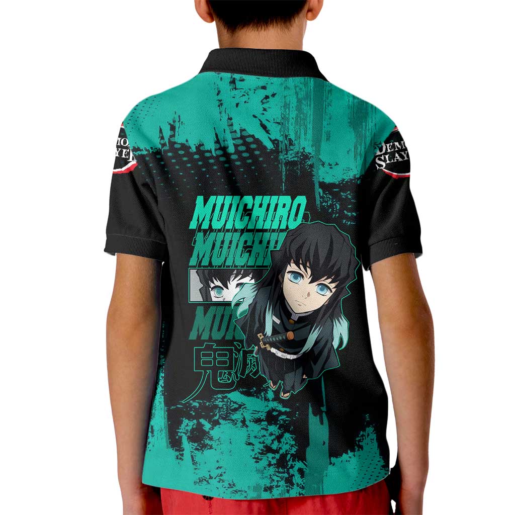 Muichiro Tokito Demon Slayer Green and Black Grunge Style Kid Polo Shirt with Mist Hashira Eyes and Bold Typography - The Mazicc