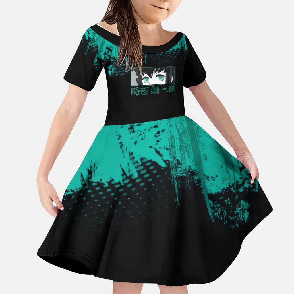 Muichiro Tokito Demon Slayer Green and Black Grunge Style Kid Short Sleeve Dress with Mist Hashira Eyes and Bold Typography - The Mazicc