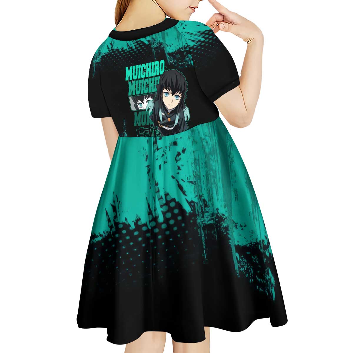 Muichiro Tokito Demon Slayer Green and Black Grunge Style Kid Short Sleeve Dress with Mist Hashira Eyes and Bold Typography - The Mazicc