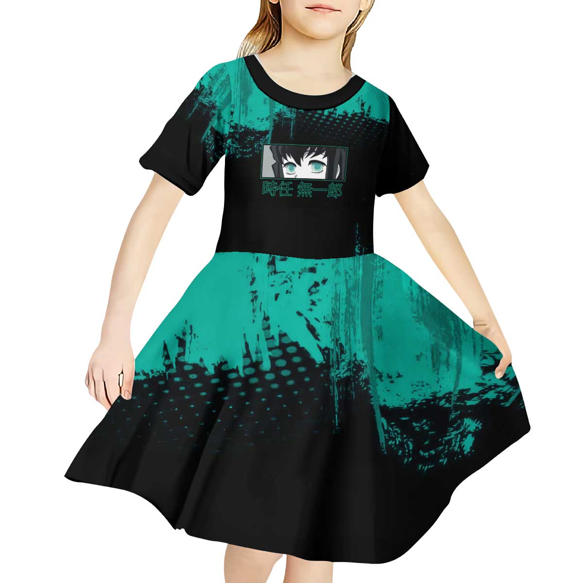 Muichiro Tokito Demon Slayer Green and Black Grunge Style Kid Short Sleeve Dress with Mist Hashira Eyes and Bold Typography - The Mazicc