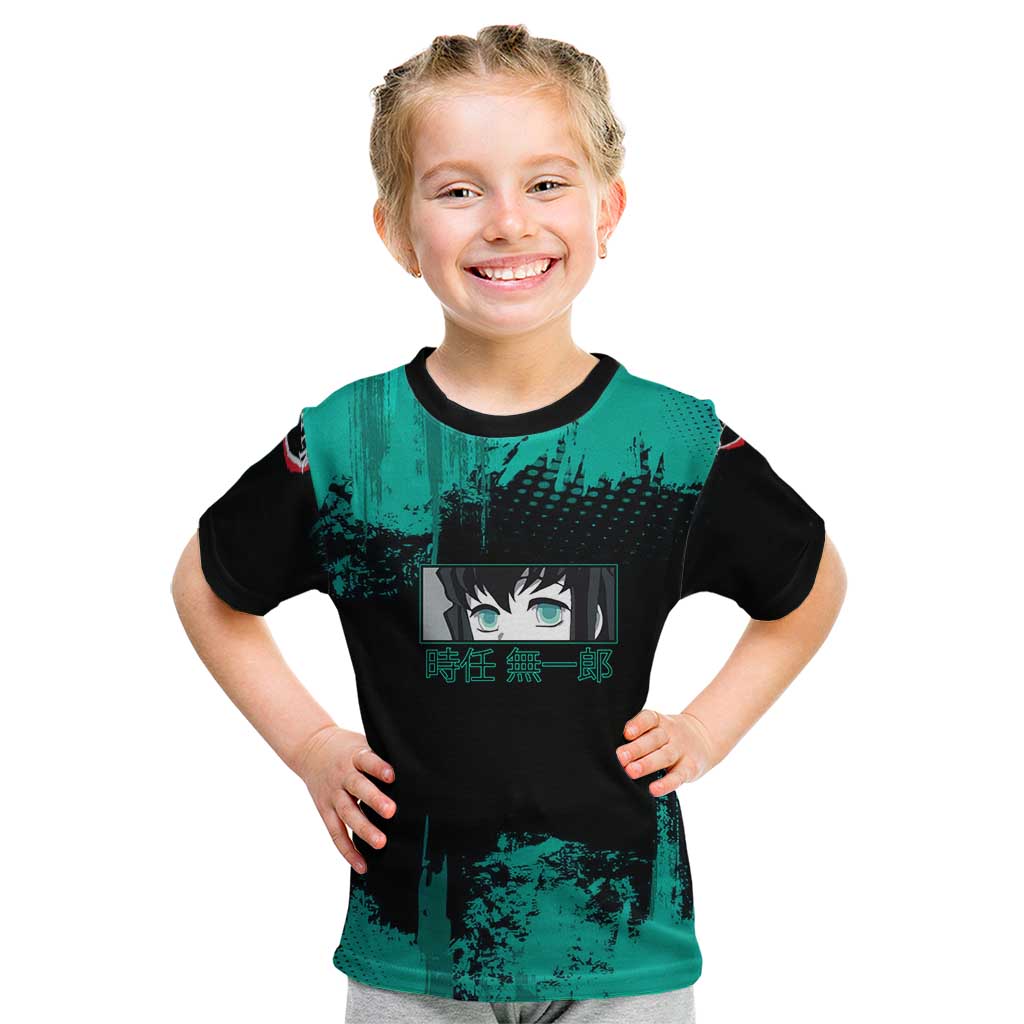 Muichiro Tokito Demon Slayer Green and Black Grunge Style Kid T Shirt with Mist Hashira Eyes and Bold Typography - The Mazicc