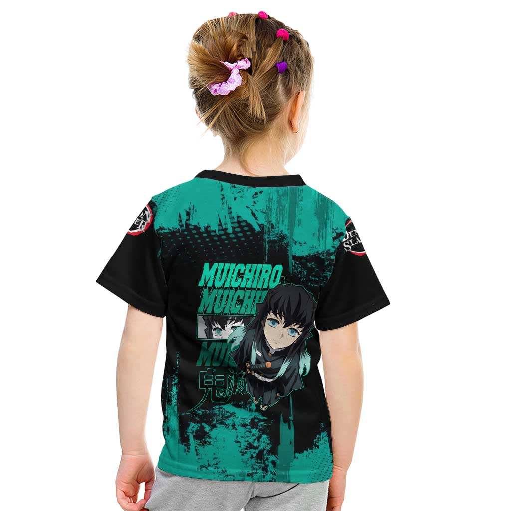 Muichiro Tokito Demon Slayer Green and Black Grunge Style Kid T Shirt with Mist Hashira Eyes and Bold Typography - The Mazicc