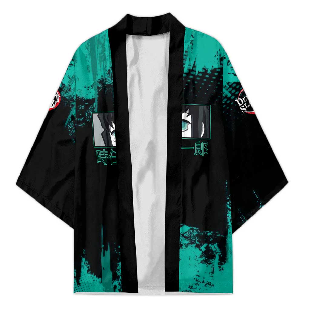 Muichiro Tokito Demon Slayer Green and Black Grunge Style Kimono with Mist Hashira Eyes and Bold Typography - The Mazicc
