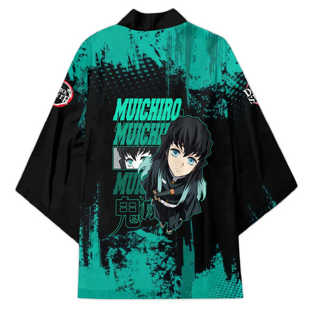 Muichiro Tokito Demon Slayer Green and Black Grunge Style Kimono with Mist Hashira Eyes and Bold Typography - The Mazicc
