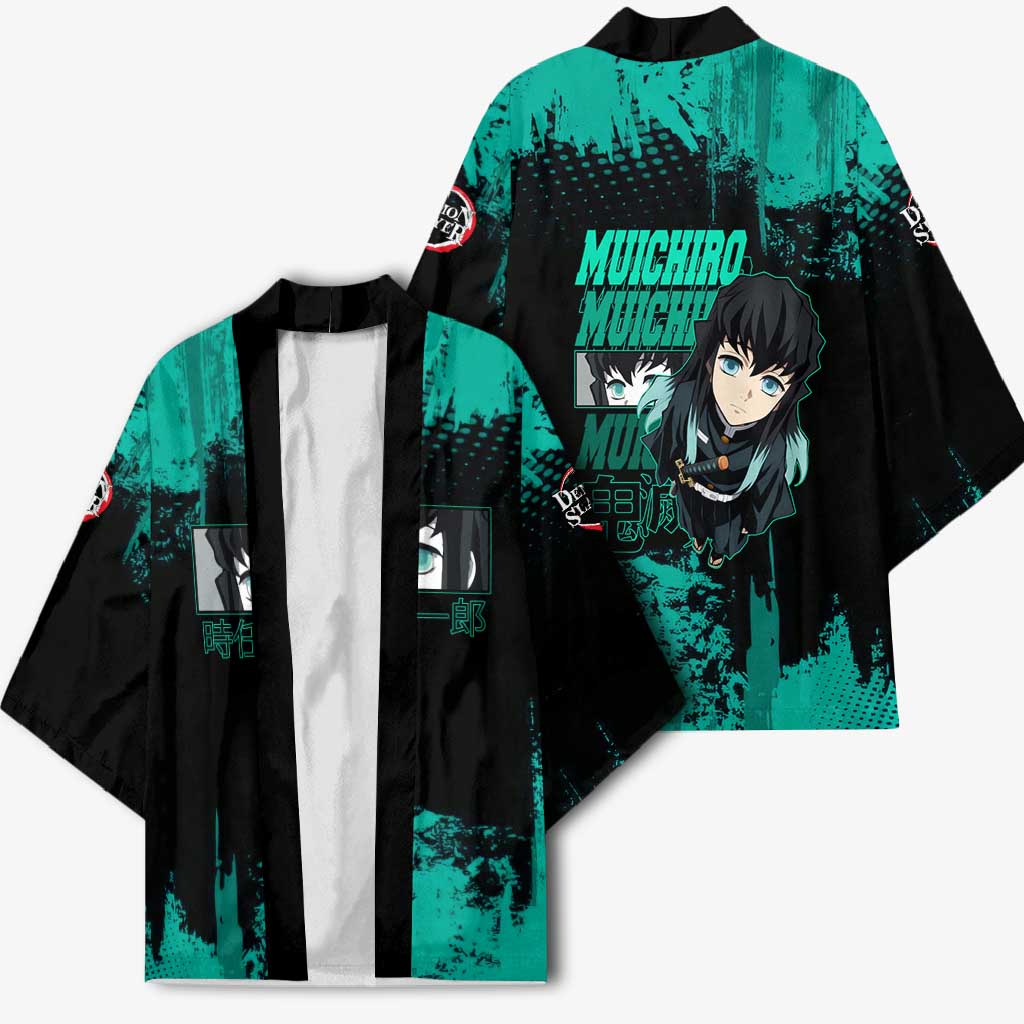 Muichiro Tokito Demon Slayer Green and Black Grunge Style Kimono with Mist Hashira Eyes and Bold Typography - The Mazicc