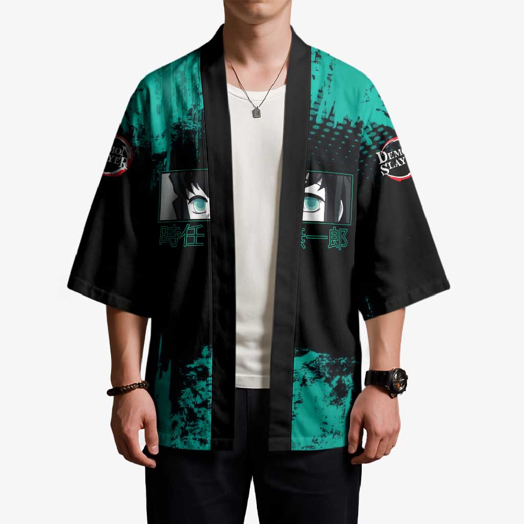 Muichiro Tokito Demon Slayer Green and Black Grunge Style Kimono with Mist Hashira Eyes and Bold Typography - The Mazicc