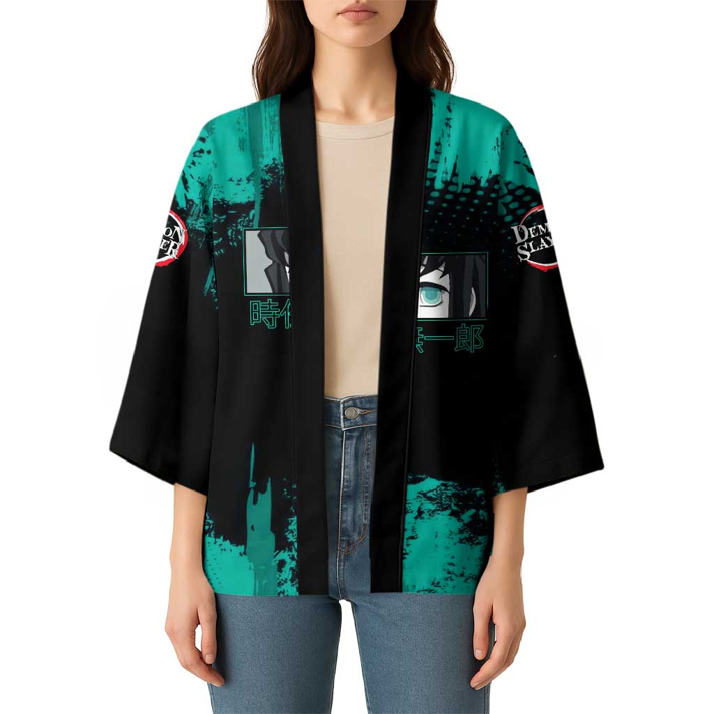 Muichiro Tokito Demon Slayer Green and Black Grunge Style Kimono with Mist Hashira Eyes and Bold Typography - The Mazicc