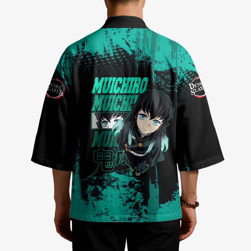 Muichiro Tokito Demon Slayer Green and Black Grunge Style Kimono with Mist Hashira Eyes and Bold Typography - The Mazicc