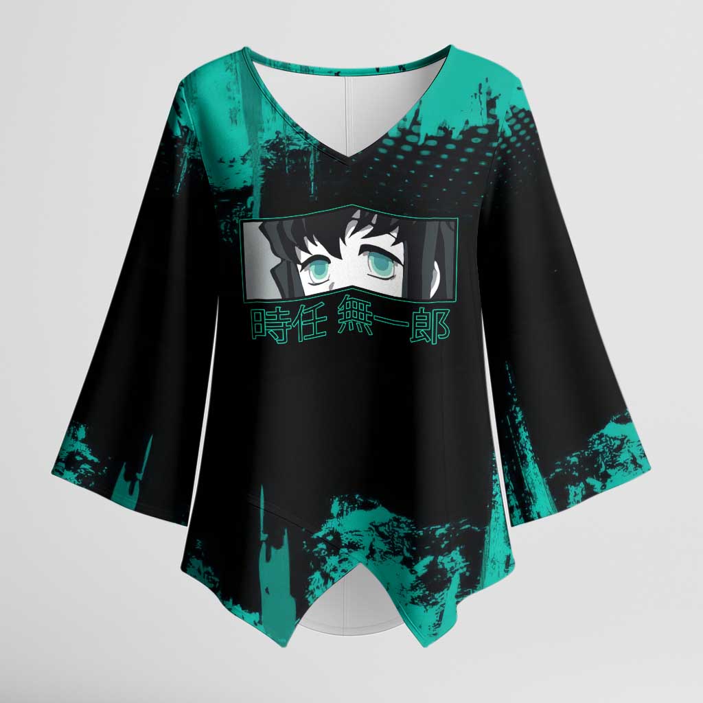 Muichiro Tokito Demon Slayer Green and Black Grunge Style Kimono Sleeve Blouse with Mist Hashira Eyes and Bold Typography - The Mazicc
