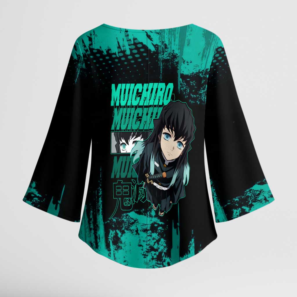 Muichiro Tokito Demon Slayer Green and Black Grunge Style Kimono Sleeve Blouse with Mist Hashira Eyes and Bold Typography - The Mazicc
