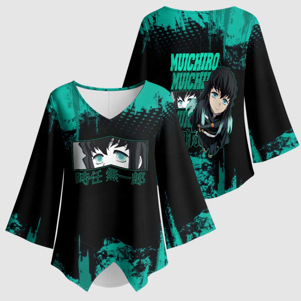 Muichiro Tokito Demon Slayer Green and Black Grunge Style Kimono Sleeve Blouse with Mist Hashira Eyes and Bold Typography - The Mazicc
