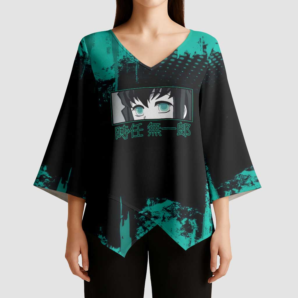 Muichiro Tokito Demon Slayer Green and Black Grunge Style Kimono Sleeve Blouse with Mist Hashira Eyes and Bold Typography - The Mazicc