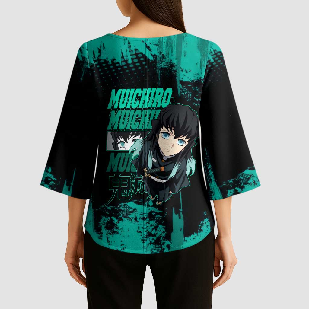 Muichiro Tokito Demon Slayer Green and Black Grunge Style Kimono Sleeve Blouse with Mist Hashira Eyes and Bold Typography - The Mazicc