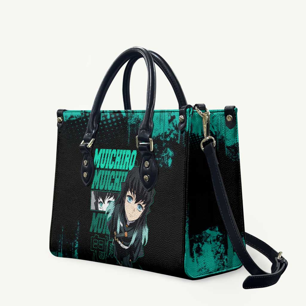 Muichiro Tokito Demon Slayer Green and Black Grunge Style Leather Bag with Mist Hashira Eyes and Bold Typography - The Mazicc