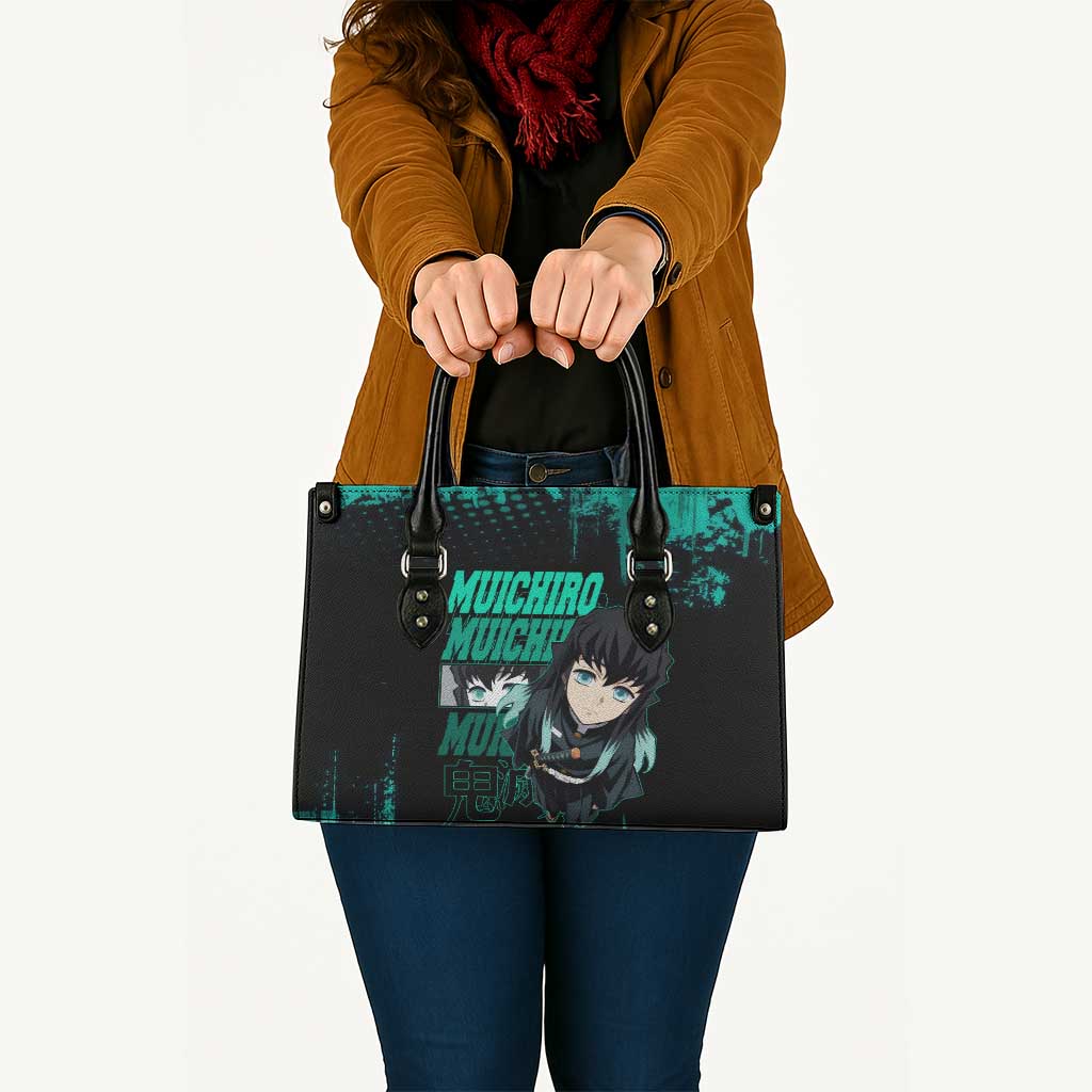 Muichiro Tokito Demon Slayer Green and Black Grunge Style Leather Bag with Mist Hashira Eyes and Bold Typography - The Mazicc
