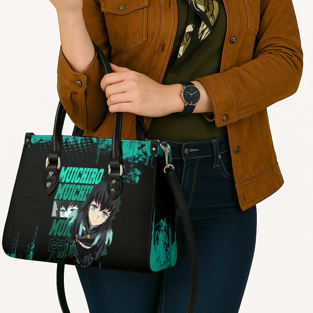 Muichiro Tokito Demon Slayer Green and Black Grunge Style Leather Bag with Mist Hashira Eyes and Bold Typography - The Mazicc