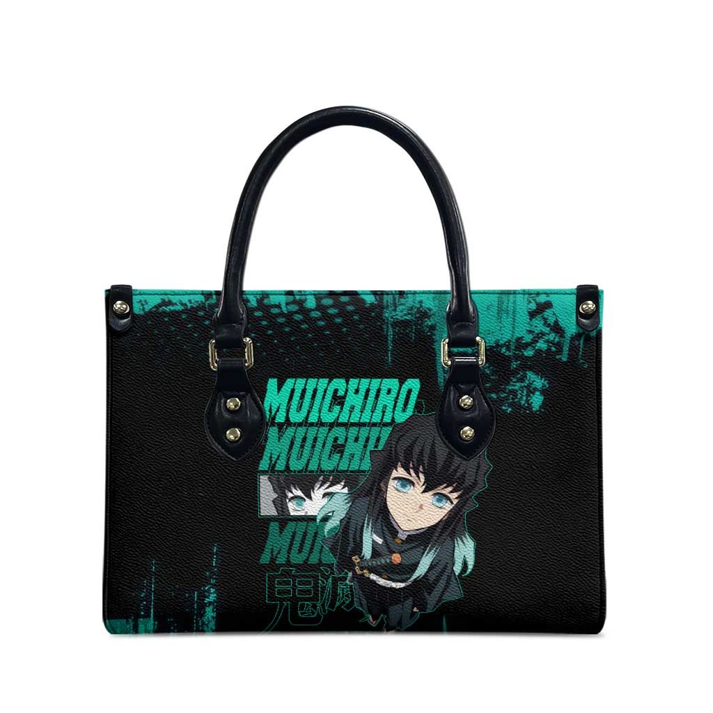 Muichiro Tokito Demon Slayer Green and Black Grunge Style Leather Bag with Mist Hashira Eyes and Bold Typography - The Mazicc