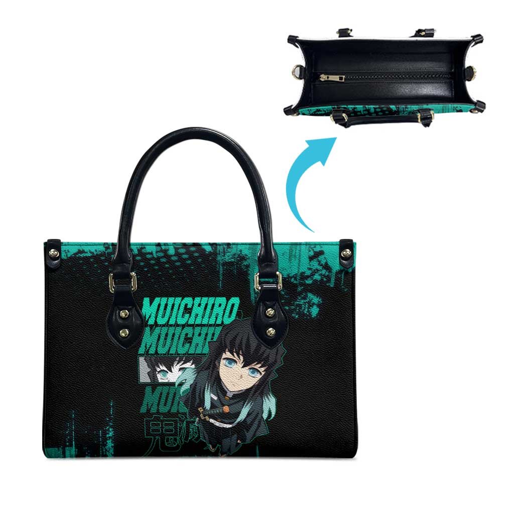 Muichiro Tokito Demon Slayer Green and Black Grunge Style Leather Bag with Mist Hashira Eyes and Bold Typography - The Mazicc