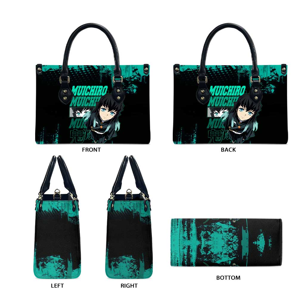 Muichiro Tokito Demon Slayer Green and Black Grunge Style Leather Bag with Mist Hashira Eyes and Bold Typography - The Mazicc