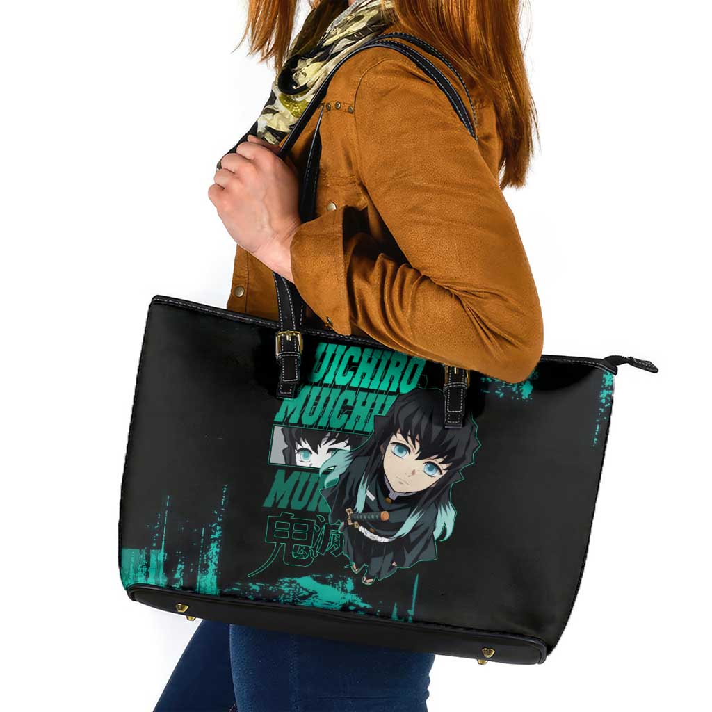 Muichiro Tokito Demon Slayer Green and Black Grunge Style Leather Tote Bag with Mist Hashira Eyes and Bold Typography - The Mazicc