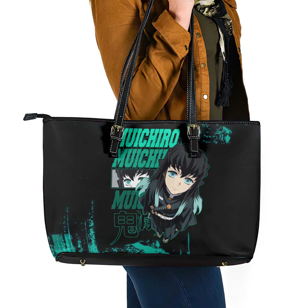 Muichiro Tokito Demon Slayer Green and Black Grunge Style Leather Tote Bag with Mist Hashira Eyes and Bold Typography - The Mazicc