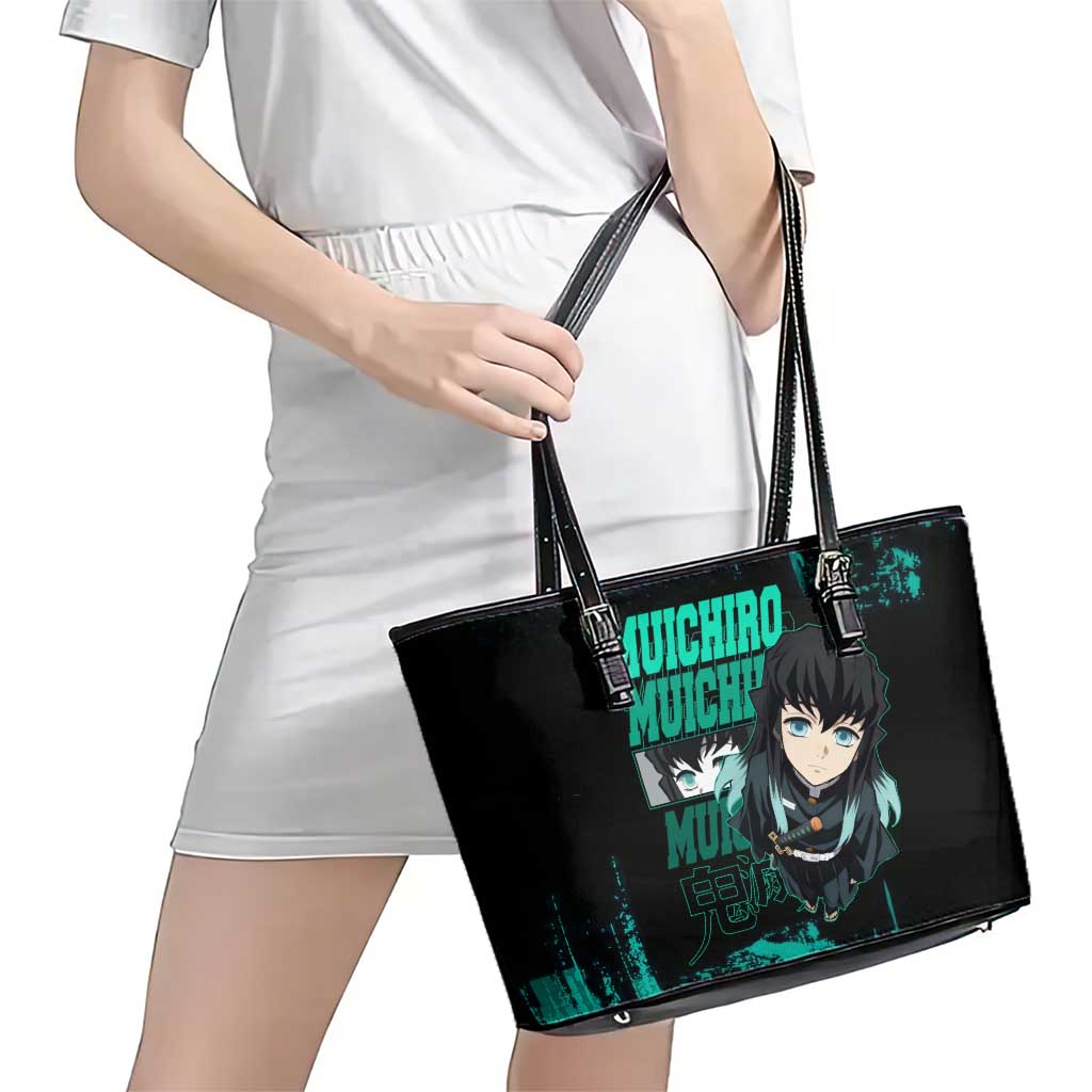 Muichiro Tokito Demon Slayer Green and Black Grunge Style Leather Tote Bag with Mist Hashira Eyes and Bold Typography - The Mazicc