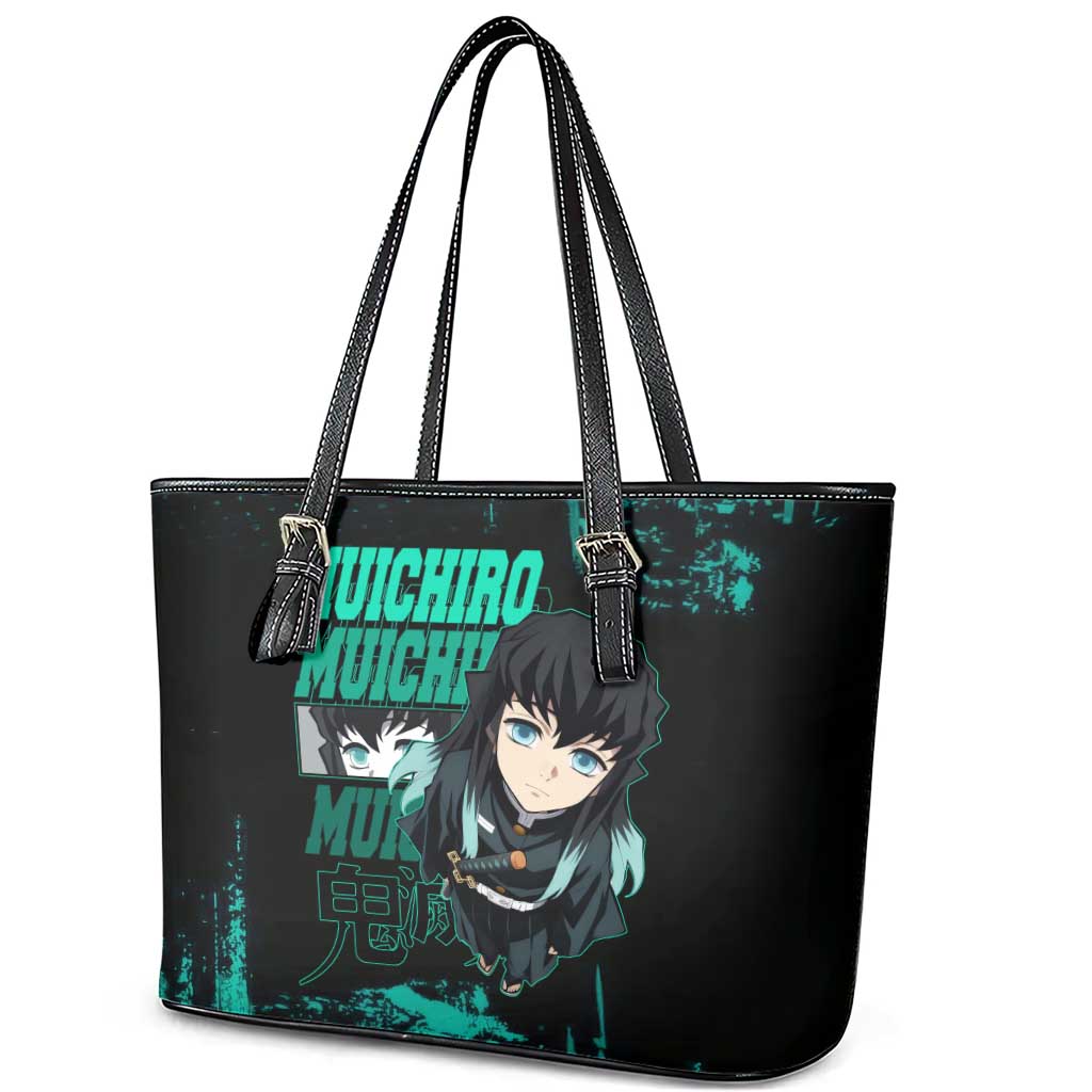 Muichiro Tokito Demon Slayer Green and Black Grunge Style Leather Tote Bag with Mist Hashira Eyes and Bold Typography - The Mazicc