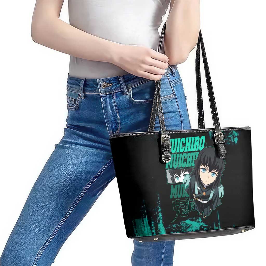 Muichiro Tokito Demon Slayer Green and Black Grunge Style Leather Tote Bag with Mist Hashira Eyes and Bold Typography - The Mazicc