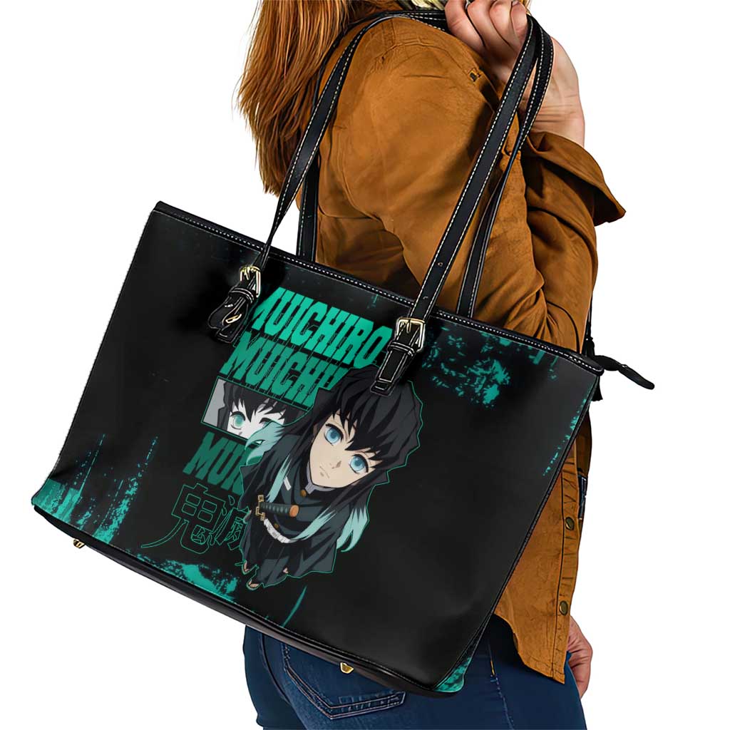 Muichiro Tokito Demon Slayer Green and Black Grunge Style Leather Tote Bag with Mist Hashira Eyes and Bold Typography - The Mazicc