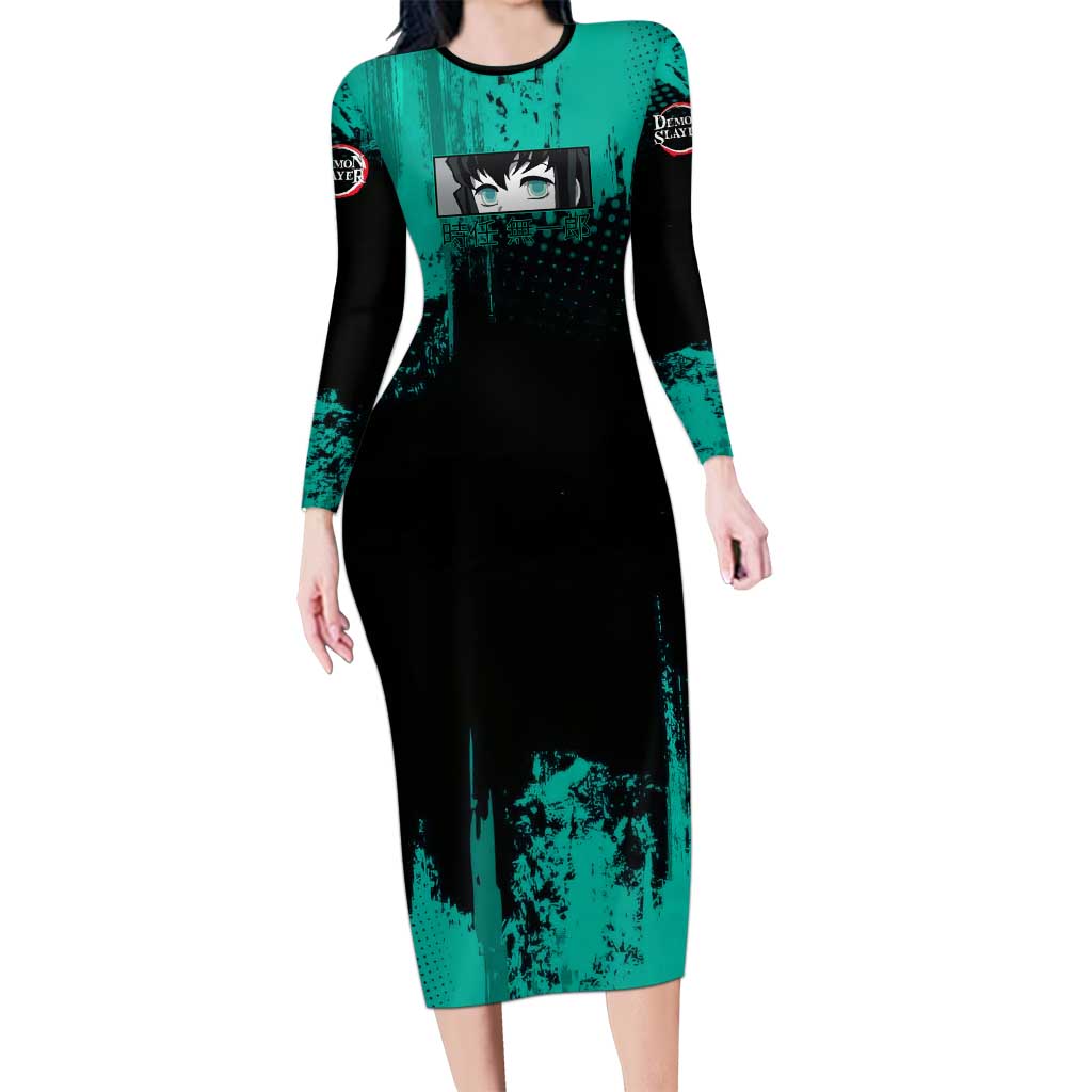 Muichiro Tokito Demon Slayer Green and Black Grunge Style Long Sleeve Bodycon Dress with Mist Hashira Eyes and Bold Typography - The Mazicc