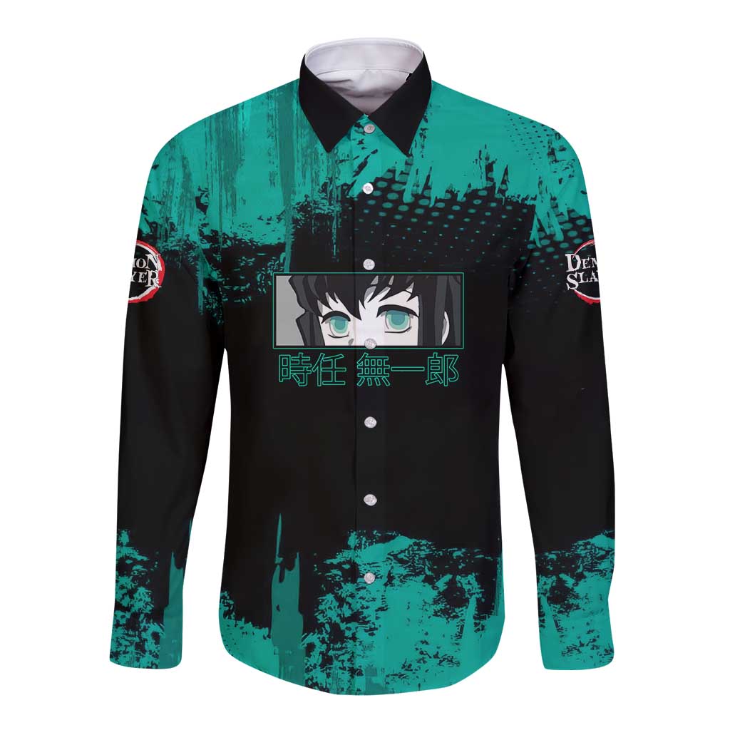 Muichiro Tokito Demon Slayer Green and Black Grunge Style Long Sleeve Button Shirt with Mist Hashira Eyes and Bold Typography - The Mazicc