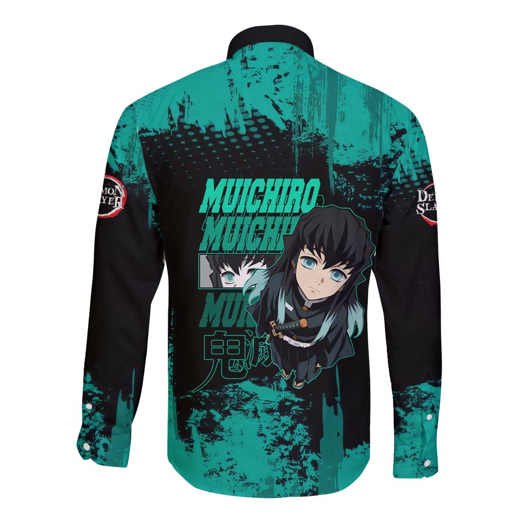 Muichiro Tokito Demon Slayer Green and Black Grunge Style Long Sleeve Button Shirt with Mist Hashira Eyes and Bold Typography - The Mazicc