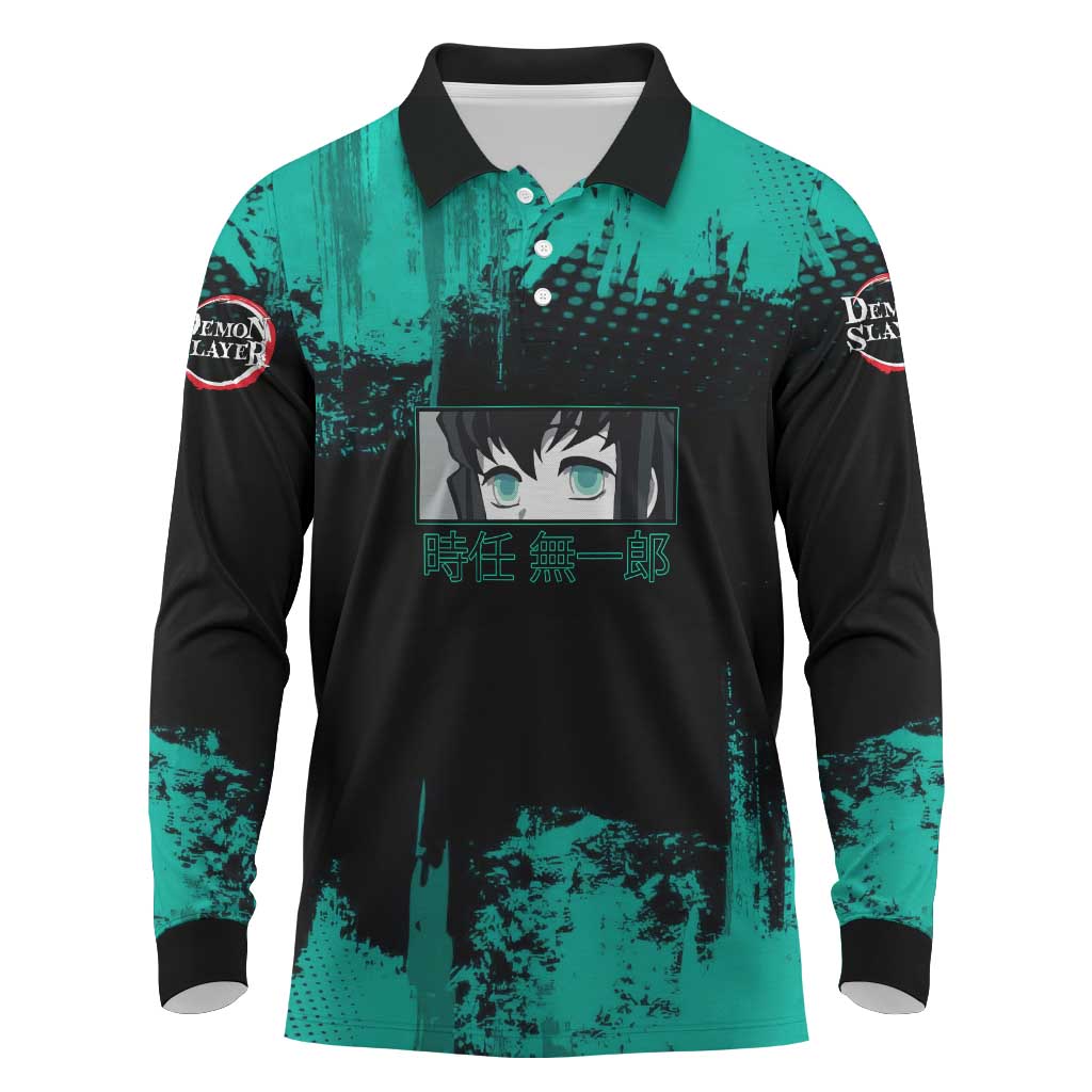 Muichiro Tokito Demon Slayer Green and Black Grunge Style Long Sleeve Polo Shirt with Mist Hashira Eyes and Bold Typography - The Mazicc