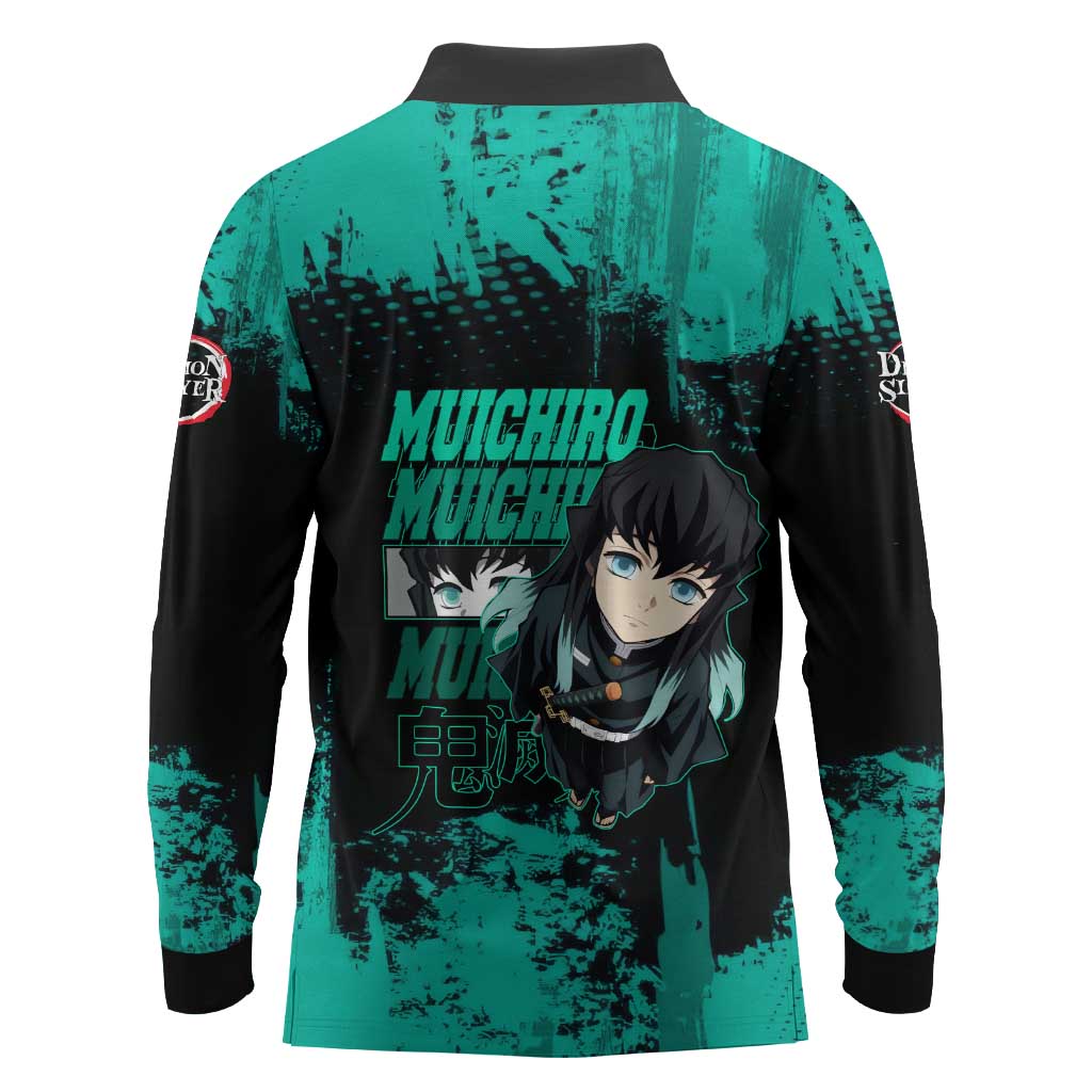 Muichiro Tokito Demon Slayer Green and Black Grunge Style Long Sleeve Polo Shirt with Mist Hashira Eyes and Bold Typography - The Mazicc