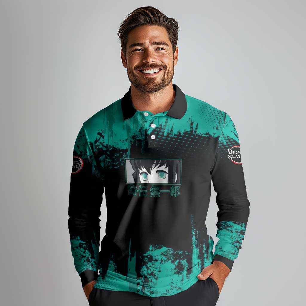 Muichiro Tokito Demon Slayer Green and Black Grunge Style Long Sleeve Polo Shirt with Mist Hashira Eyes and Bold Typography - The Mazicc