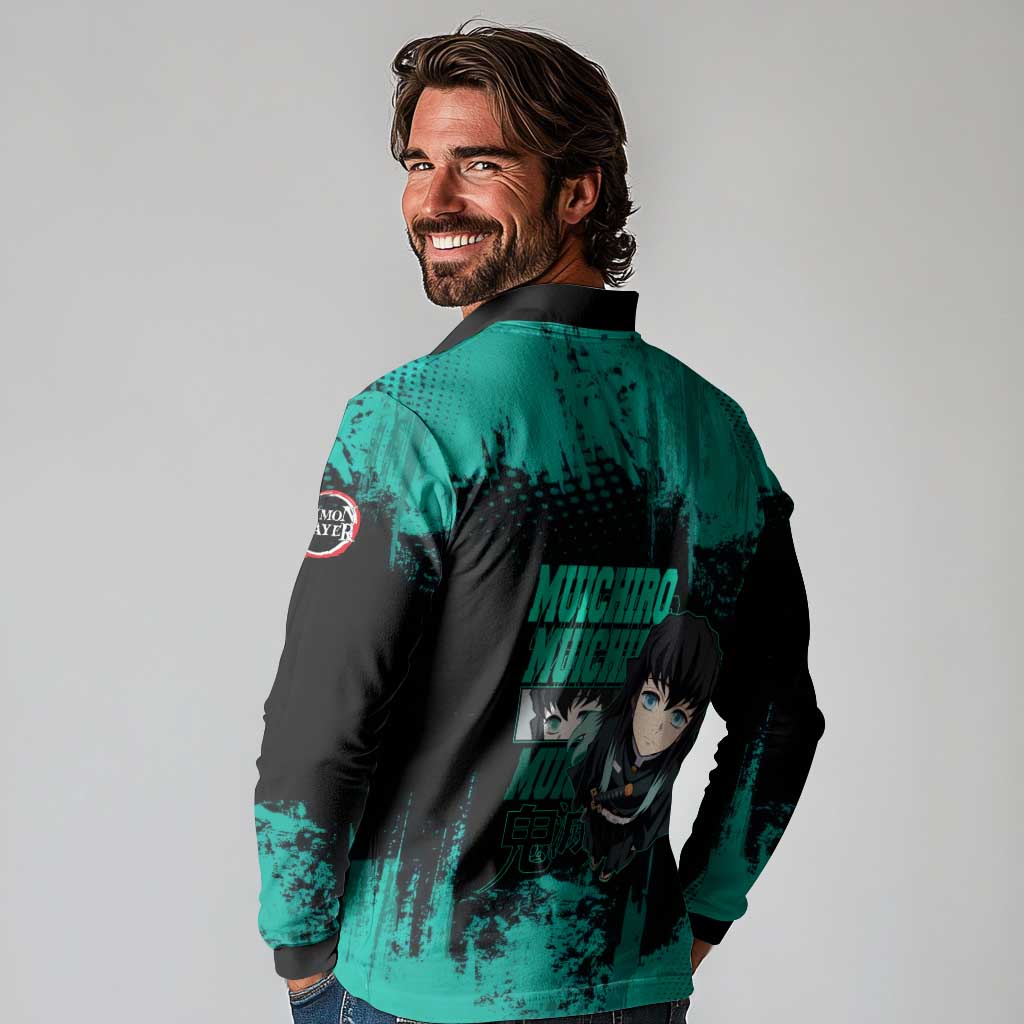 Muichiro Tokito Demon Slayer Green and Black Grunge Style Long Sleeve Polo Shirt with Mist Hashira Eyes and Bold Typography - The Mazicc