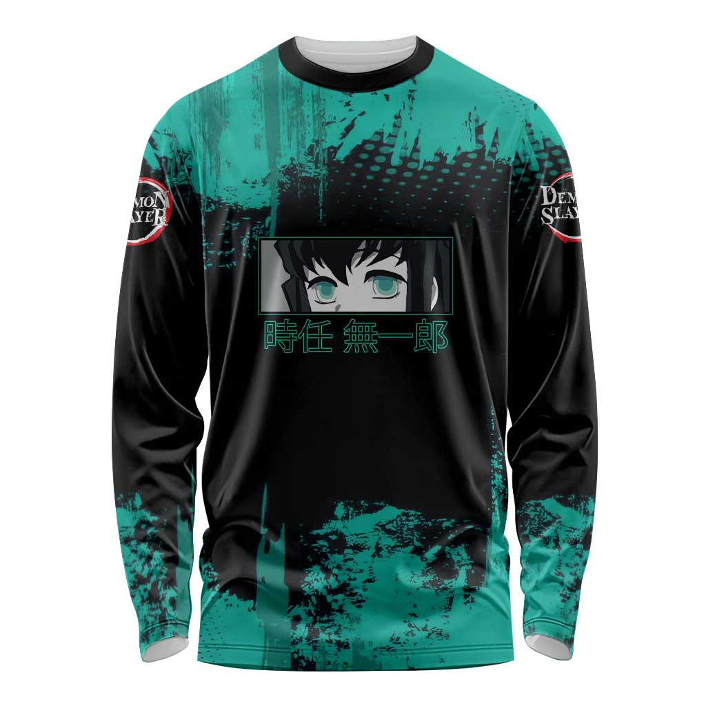 Muichiro Tokito Demon Slayer Green and Black Grunge Style Long Sleeve Shirt with Mist Hashira Eyes and Bold Typography - The Mazicc