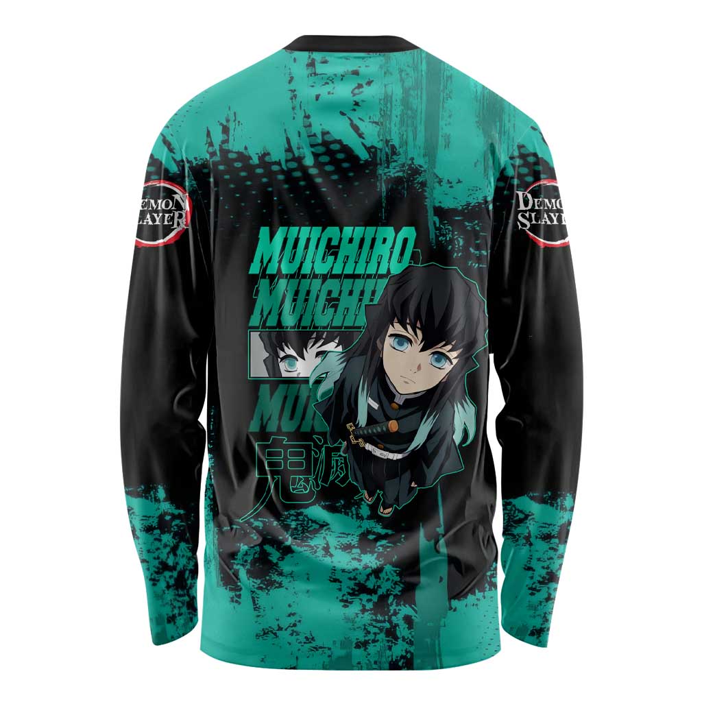 Muichiro Tokito Demon Slayer Green and Black Grunge Style Long Sleeve Shirt with Mist Hashira Eyes and Bold Typography - The Mazicc