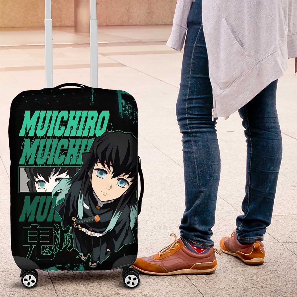 Muichiro Tokito Demon Slayer Green and Black Grunge Style Luggage Cover with Mist Hashira Eyes and Bold Typography - The Mazicc