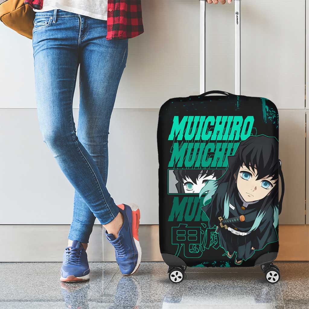 Muichiro Tokito Demon Slayer Green and Black Grunge Style Luggage Cover with Mist Hashira Eyes and Bold Typography - The Mazicc