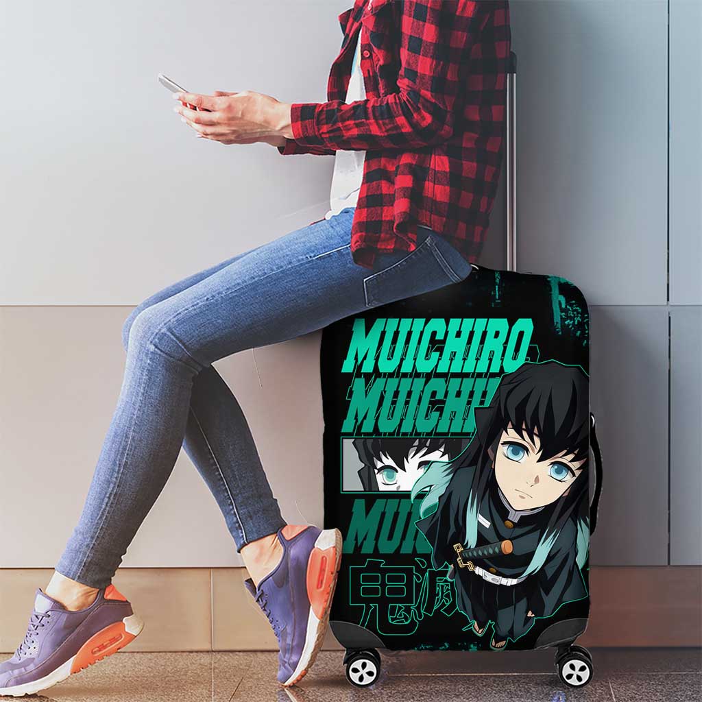 Muichiro Tokito Demon Slayer Green and Black Grunge Style Luggage Cover with Mist Hashira Eyes and Bold Typography - The Mazicc