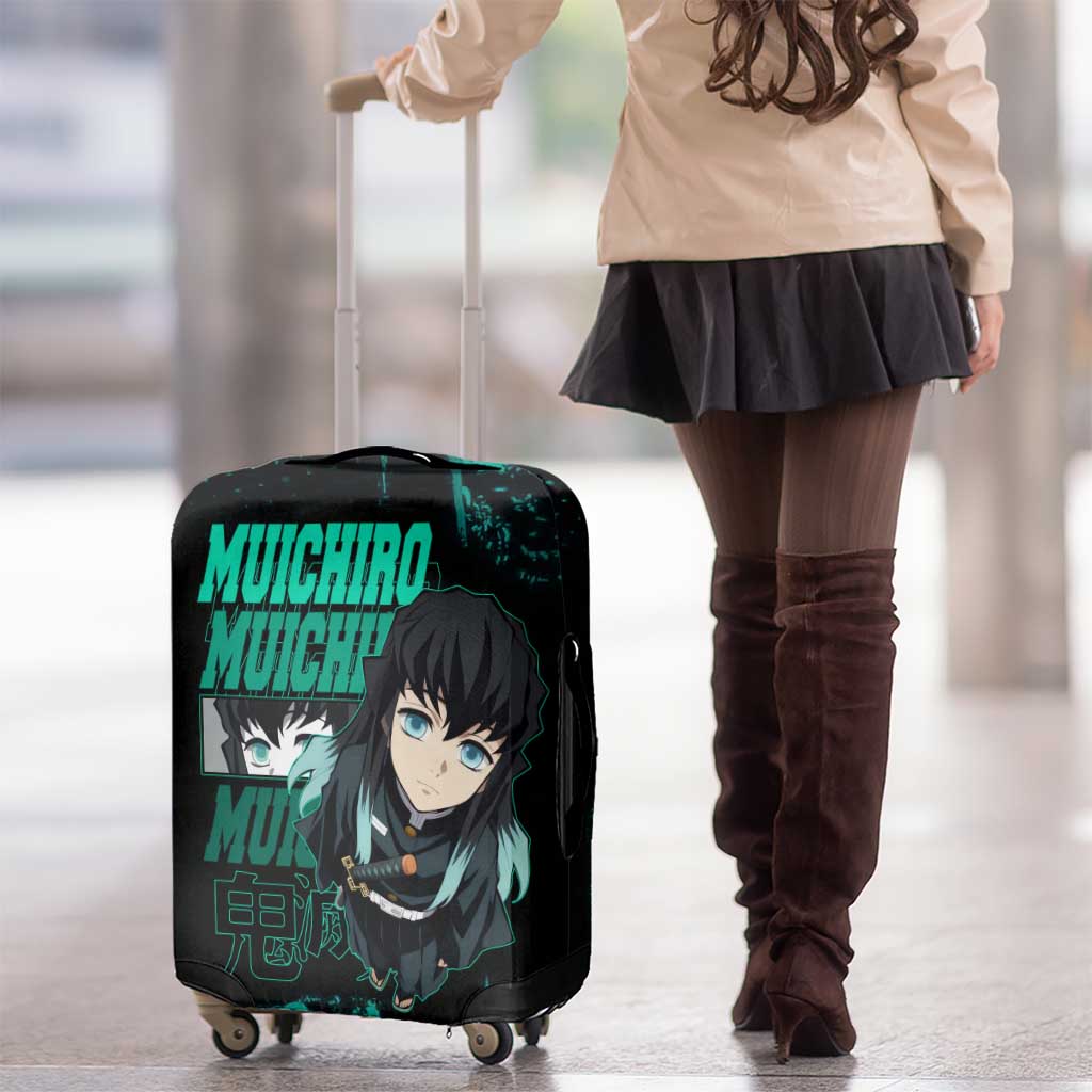 Muichiro Tokito Demon Slayer Green and Black Grunge Style Luggage Cover with Mist Hashira Eyes and Bold Typography - The Mazicc