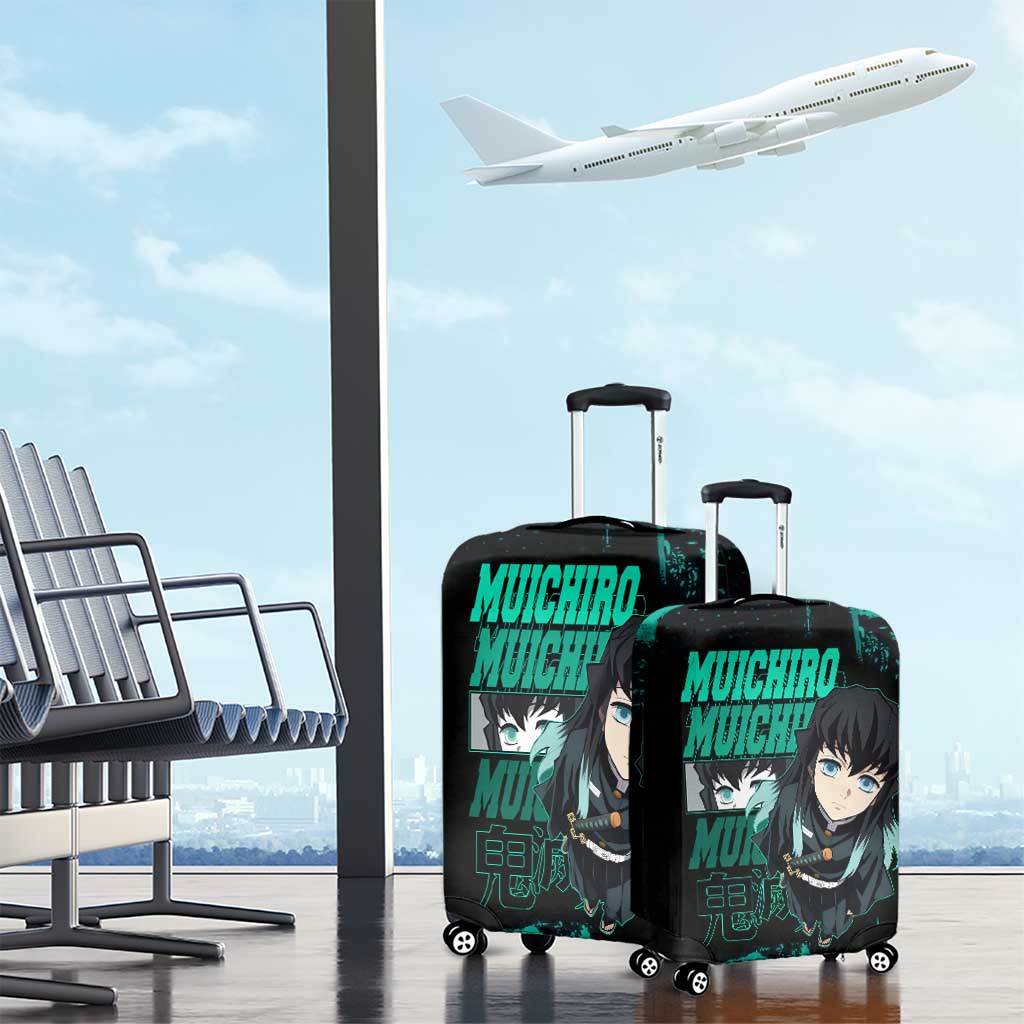 Muichiro Tokito Demon Slayer Green and Black Grunge Style Luggage Cover with Mist Hashira Eyes and Bold Typography - The Mazicc