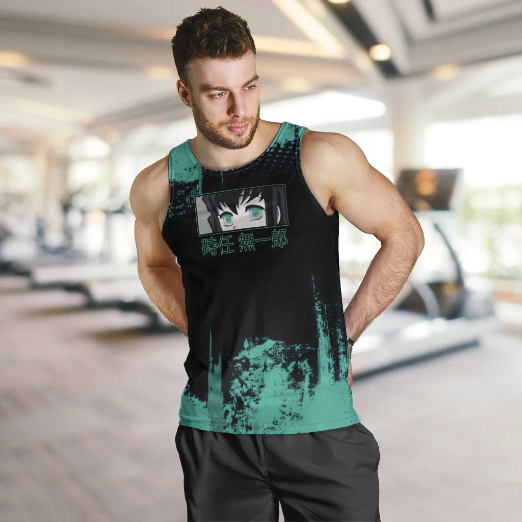 Muichiro Tokito Demon Slayer Green and Black Grunge Style Men Tank Top with Mist Hashira Eyes and Bold Typography - The Mazicc